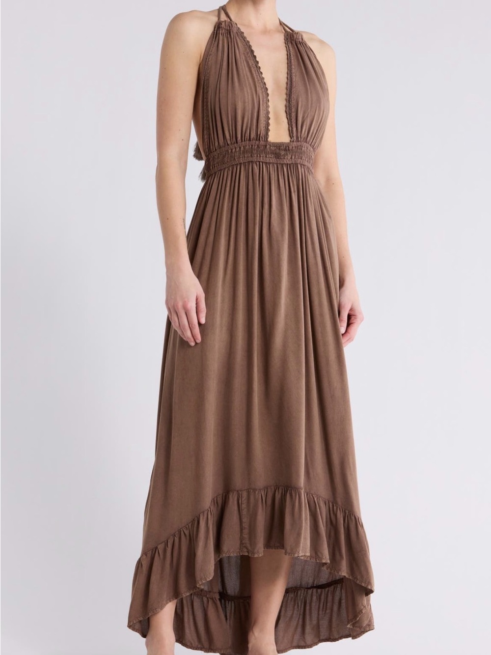 Brown Halter Maxi Dress with Ruffle Hem